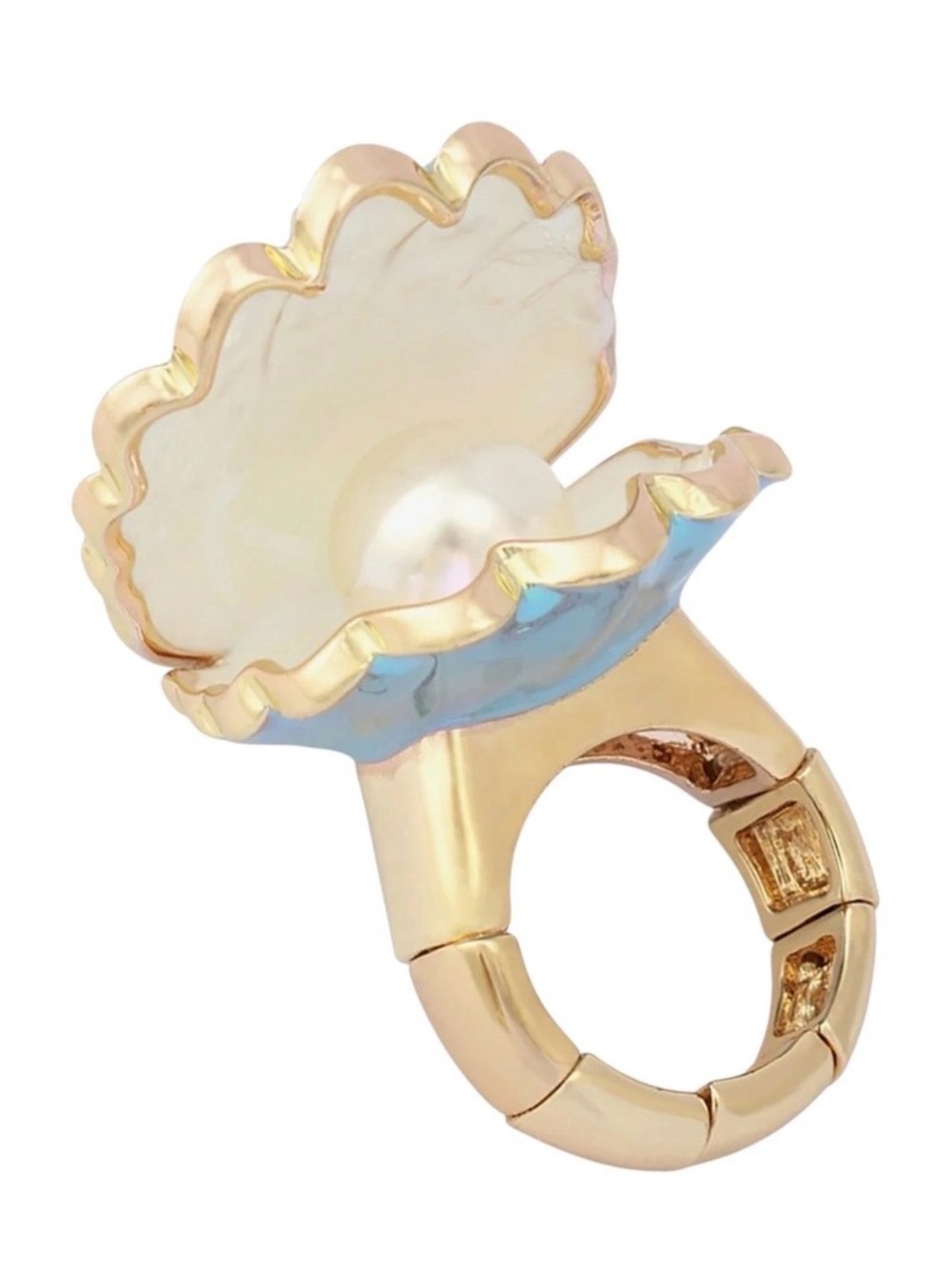 New Betsey Johnson Gold-Tone Pearl Shell stretch Ring with Aqua Crystals - Picture 3 of 16